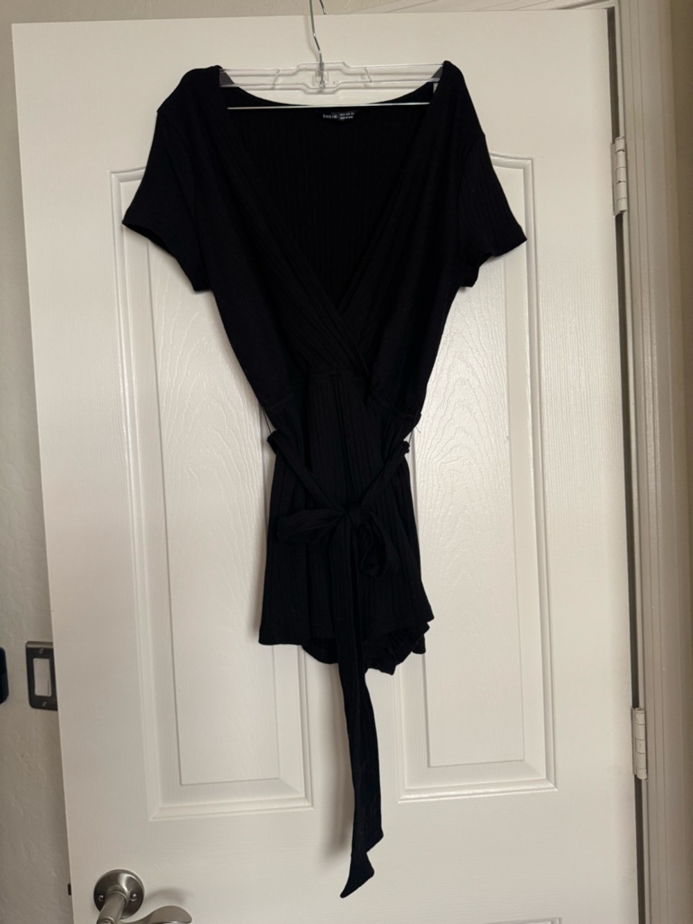 SHEIN Black Ribbed Wrap Romper with Tie Waist
